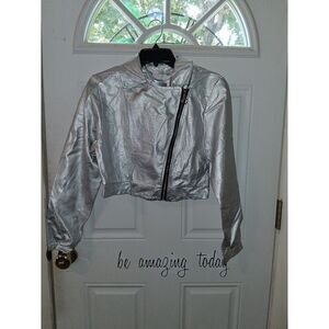 KRISP London Jacket Crop Silver Metallic Faux Leather Moto NWT